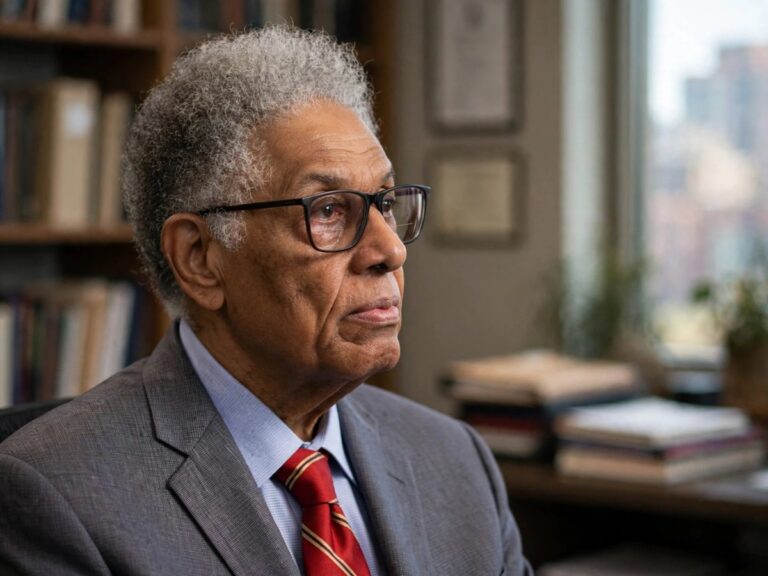 Thomas Sowell speaking in a video about society and public debate
