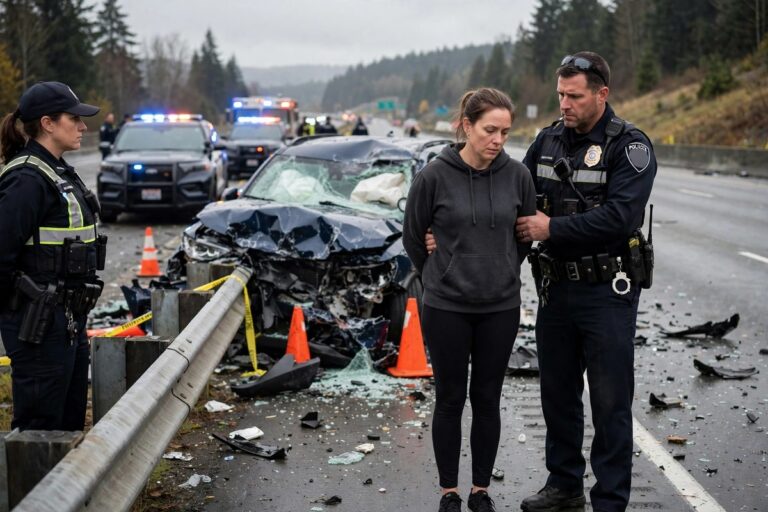 Rollover crash scene on southbound I-5 near DuPont, Washington