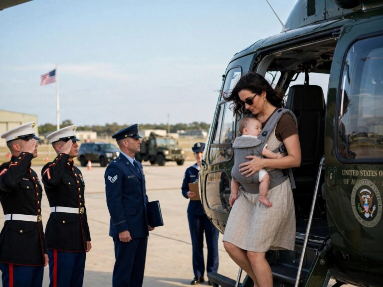 Usha Vance carrying baby Alec as she disembarks from Marine Two