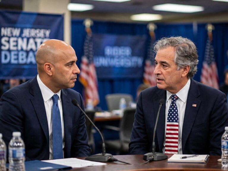 Justin Murphy speaks during a New Jersey Senate debate with Cory Booker about Iran policy