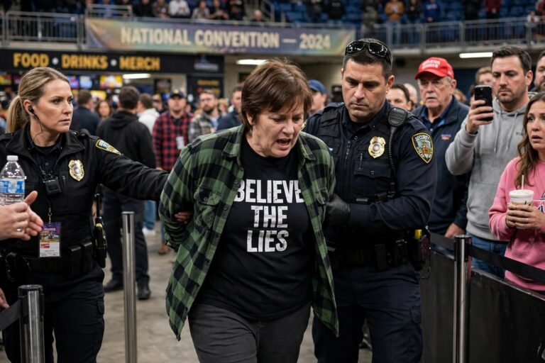 Donald Trump speaks at an Ohio rally as police escort a protester away