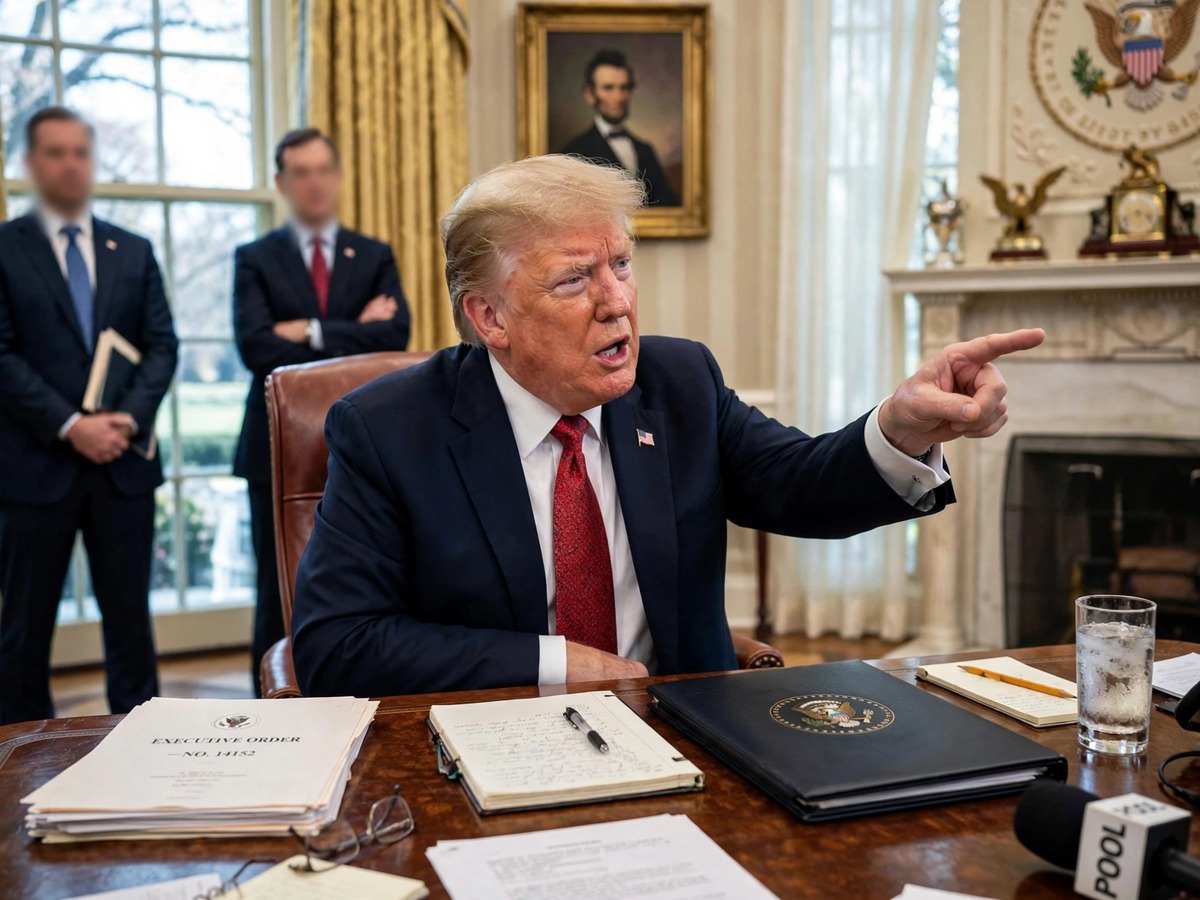 President Trump speaks during an Oval Office briefing as reporters ask questions
