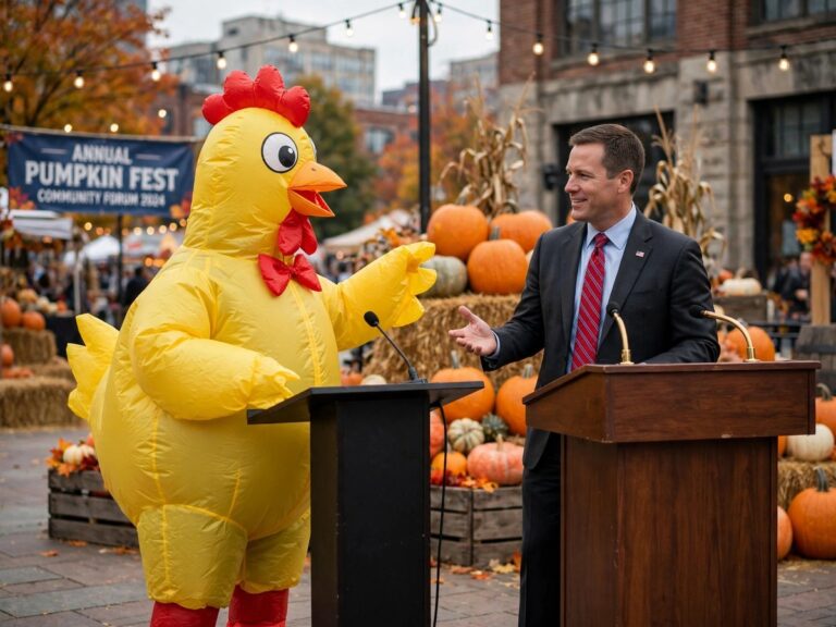 A person in a chicken suit sits in for Blake Gendebien during Anthony Constantino's debate event.